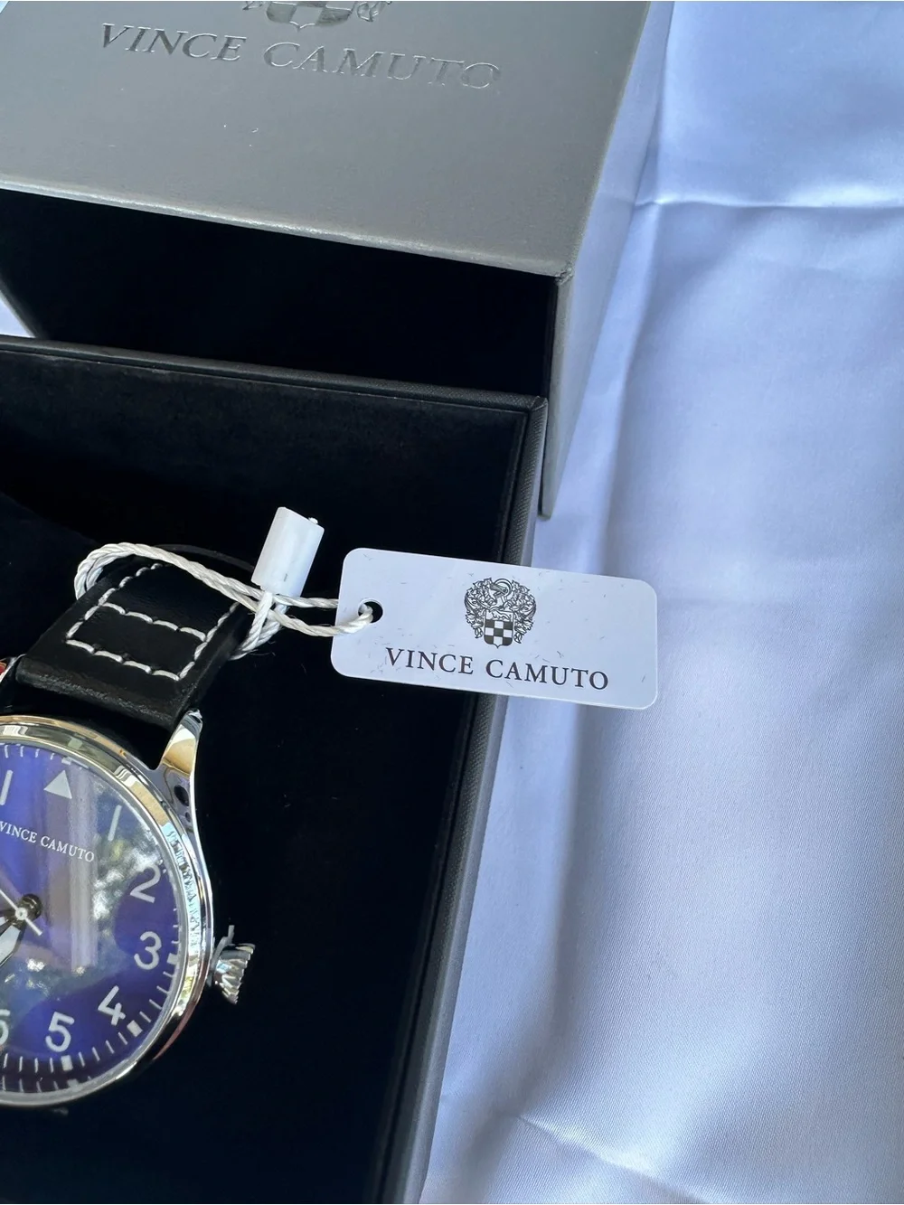 Vince Camuto Men's Blue Dial Watch with Black Leather Strap and Silver Case